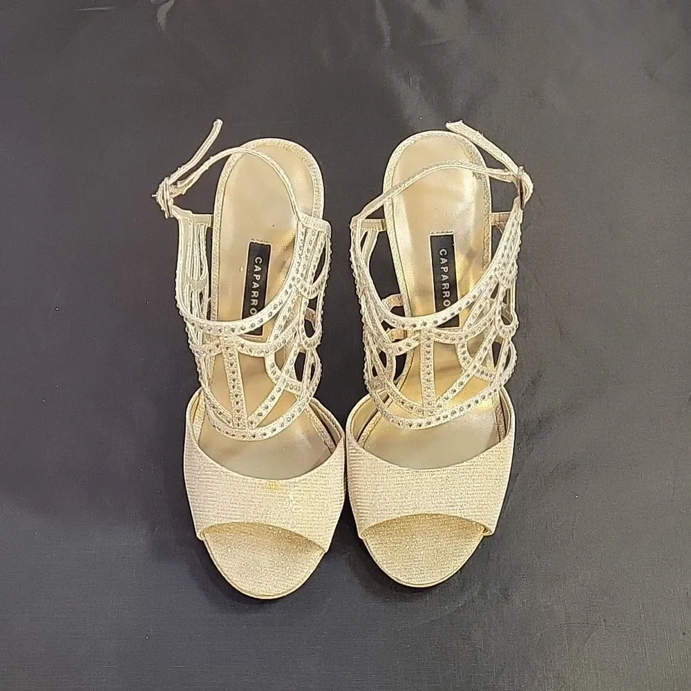 CAPARROS SILVER RHINESTONE EMBELLISHED PEEP TOE ANKLE STRAP HIGH HEEL SANDAL G1